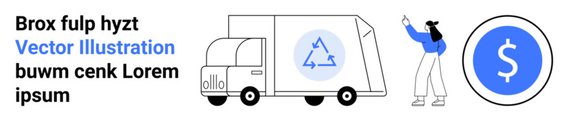 Delivery truck with recycling icon, person gesturing toward environmental idea, and circular coin graphic. Ideal for sustainability, logistics, recycling, business, eco-commerce, economics simple