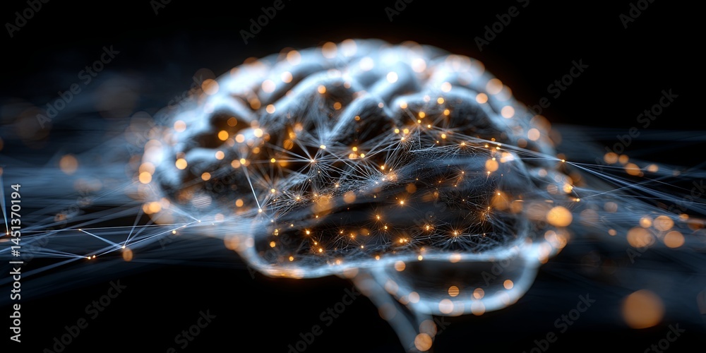 Poster Colorful Abstract Brain Representation with Glowing Network Connections on Dark Background for Conceptual Art and Technology Themes