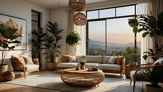 Modern Living Room Interior with Sunset Mountain View