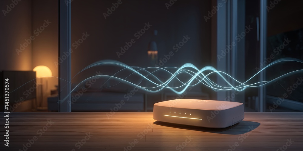 Poster Modern Wireless Router with Digital Signal Waves Displaying Connectivity Symbol and Emitting Light in a Minimalist Indoor Setting