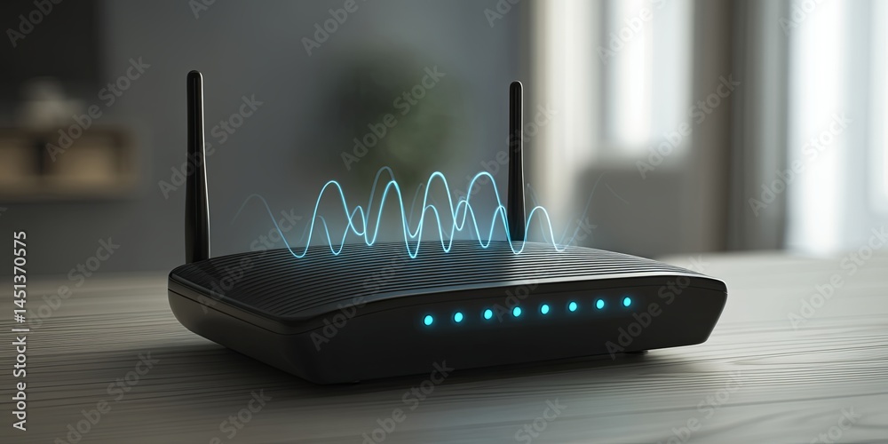 Poster Modern Wireless Router with Digital Signal Waves Displaying Connectivity Symbol and Emitting Light in a Minimalist Indoor Setting