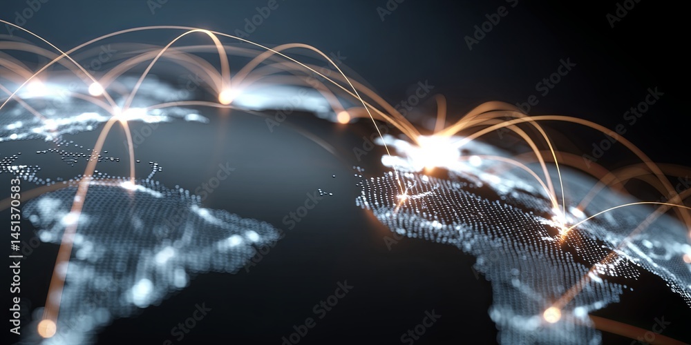 Poster Global Network Connection Concept with Bright Lights Representing Data Flow Across Continents and Countries, Illustrating Digital Communication and Modern Technology