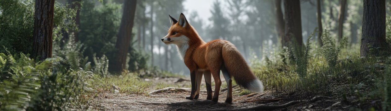 A fox stands in a serene forest environment.