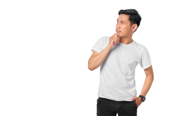 Pensive young Asian man with a serious face thinking about a question, thoughtful about confusing idea isolated on transparent background