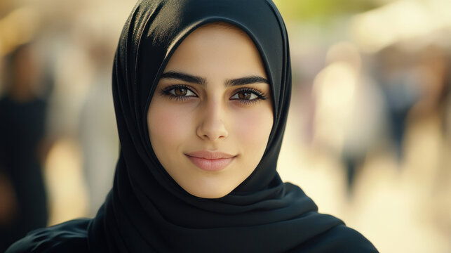 Radiant Portrait: A beautiful woman of Middle Eastern descent gazes directly at the camera. Her gaze is captivating. She embodies cultural identity, and spiritual serenity.
