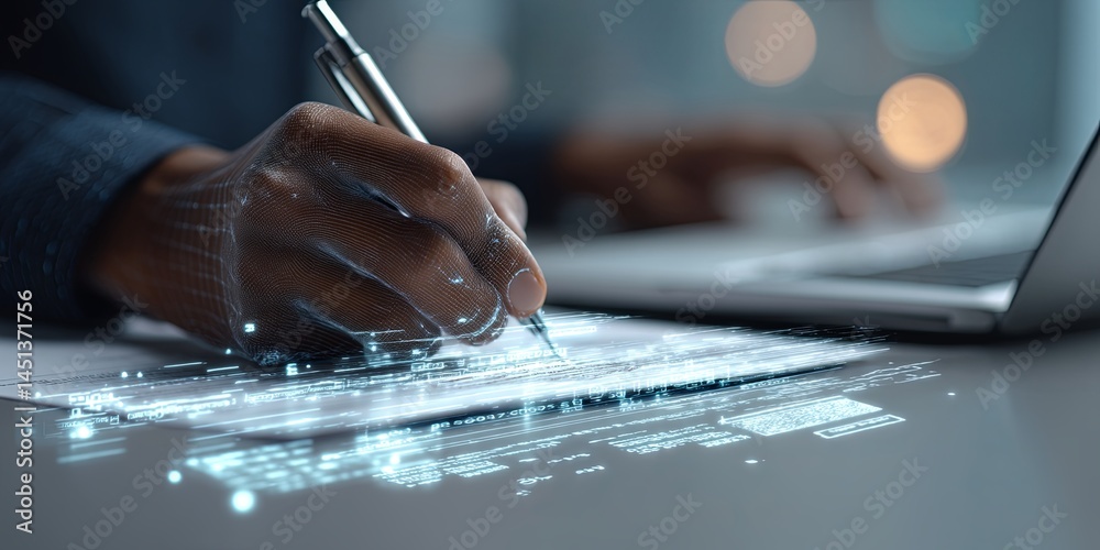 Poster close-up of a person signing registration document on laptop with digital stamp concept for online b