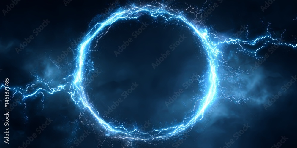 Poster Vibrant Blue Electric Circle with Lightning Effect Creating a Stunning Visual Display on Dark Background for Backgrounds and Creative Projects