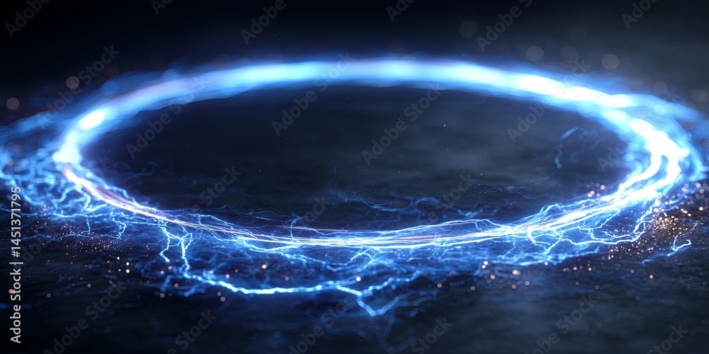 Poster Vibrant Blue Electric Circle with Lightning Effect Creating a Stunning Visual Display on Dark Background for Backgrounds and Creative Projects