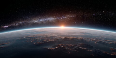 Fototapeta premium A Stunning View of Earth from Space Showcasing a Beautiful Sunrise Over the Horizon with Galaxy Background and Stars