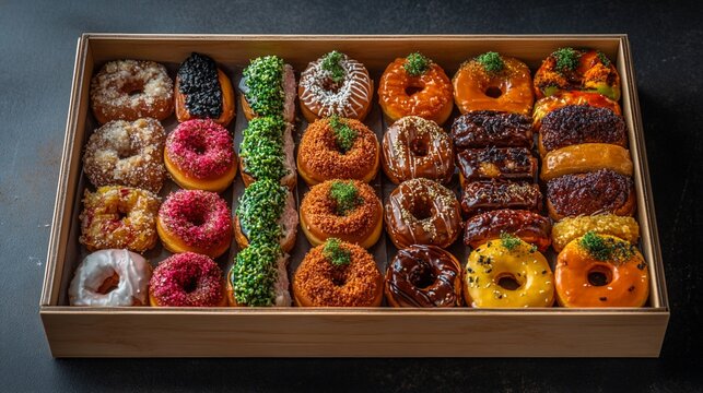 Assortment of artisanal donuts in a wooden box, bakery delights arrangement