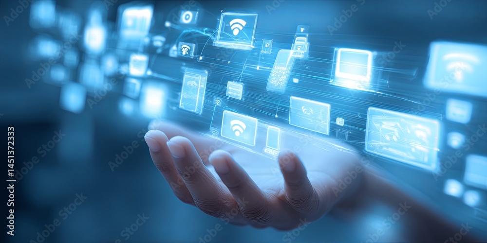 Aufkleber futuristic hand holding multiple digital devices and icon representations of connectivity and commun