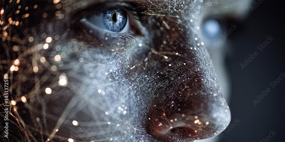 Poster Futuristic Human Face Representation with Digital Nodes and Light Particles in a Modern Artistic Style for Technology and Innovation Themes
