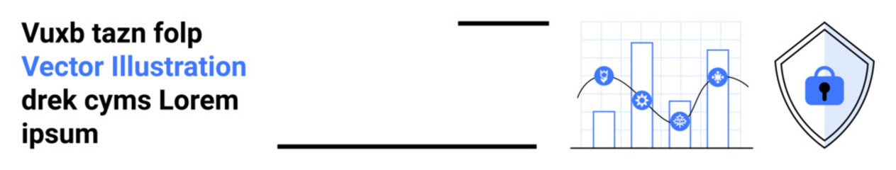 Bar and line graph with data points alongside a security shield with a padlock. Ideal for data analysis, cybersecurity, statistics, business growth, technology, encryption, flat landing page banner