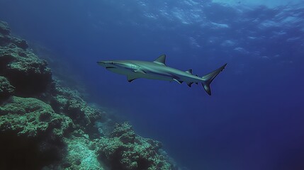 Gray Reef Shark Swimming Underwater Near a Coral Reef