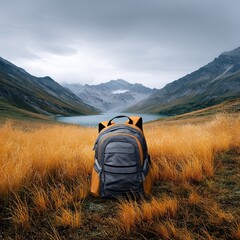 A rugged backpack sits on grassy terrain with mountains in the background for outdoor product visuals, clean minimalist layout where a rugged backpack sits on grassy terrain with mountains in the back