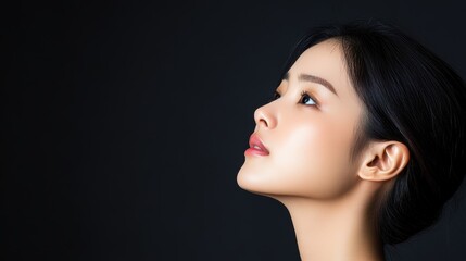 Naklejka premium Plastic surgeon touching and examining facial skin of a Asian female,Woman face being checked doctor hands to cosmetic surgery,rhinoplasty surgery in clinic, generative ai,3d render.