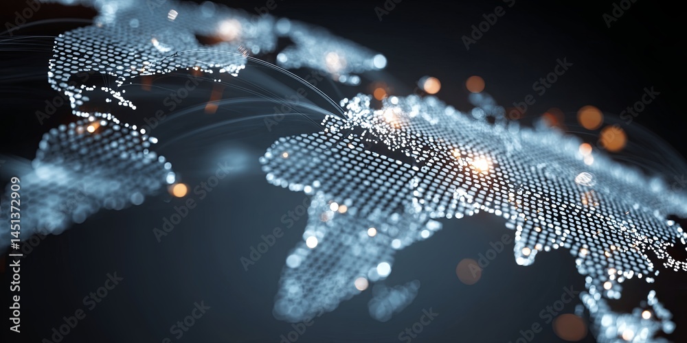 Aufkleber Abstract Representation of a World Map with Digital Dots and Glowing Lights, Ideal for Technology-Related Themes and Global Connectivity Concepts