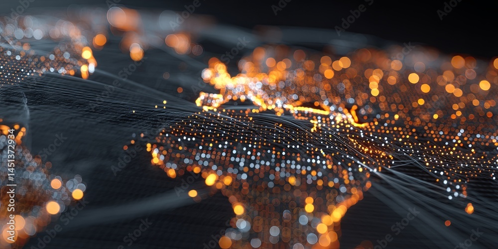 Poster Abstract Representation of a World Map with Digital Dots and Glowing Lights, Ideal for Technology-Related Themes and Global Connectivity Concepts