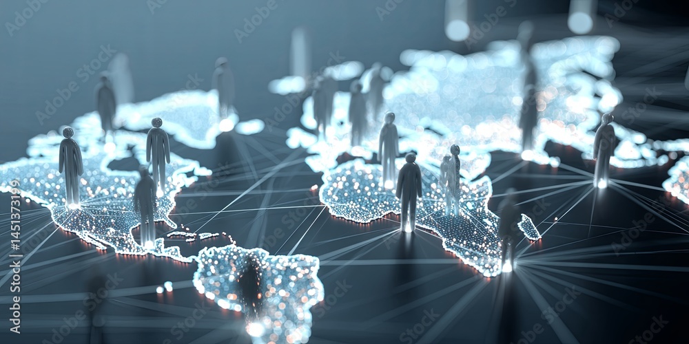 Poster World Map with Connected People Icons Representing Global Networking and Communication, Digital Collaboration Illustrating Modern Technology Integration in Society