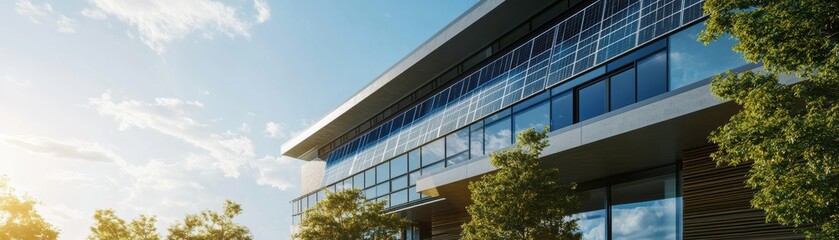 Modern building reflecting clear blue skies.