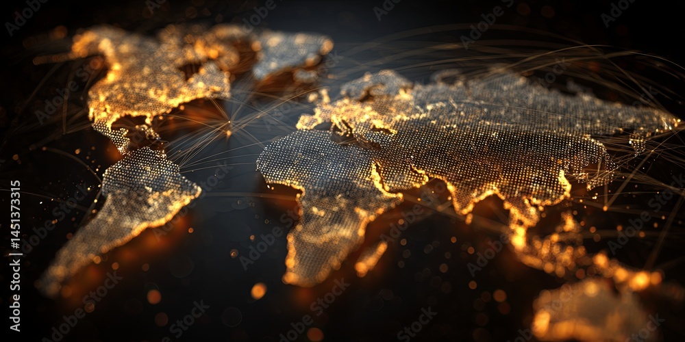 Poster Glowing World Map with Bright Starry Background in Warm Tones Representing Global Connectivity and Technological Advancement