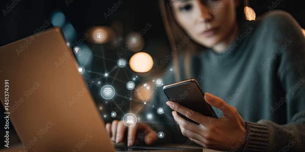 Poster woman using smartphone and laptop to manage digital communication and online activities, with overla