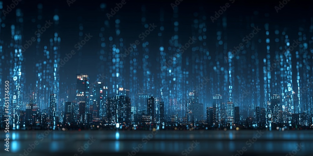 Poster Nighttime cityscape illuminated with blue lights and digital binary code representing technology and data flow over urban landscape