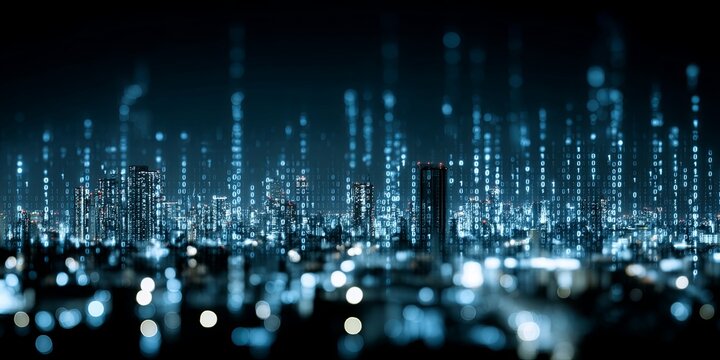 Nighttime cityscape illuminated with blue lights and digital binary code representing technology and data flow over urban landscape
