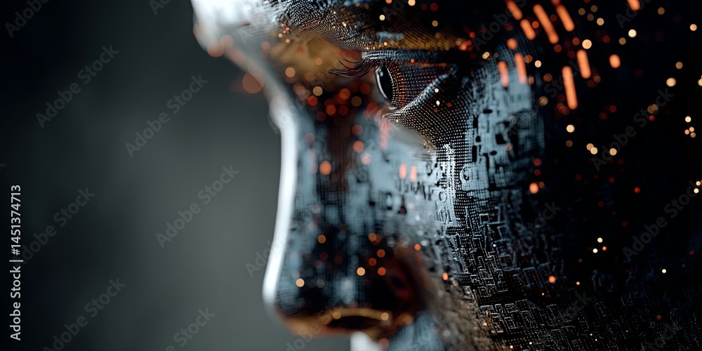 Aufkleber Abstract representation of a digital face with circuit patterns and binary code illustrating technology, innovation, and artificial intelligence in a modern world