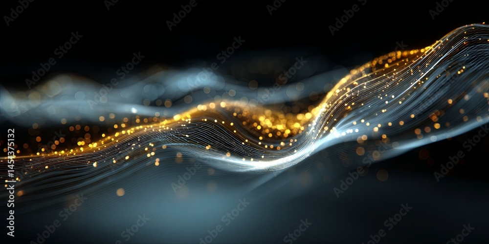 Poster Stunning Abstract Visualization of Wave Patterns and Digital Particles in a Dark Background Representing Technology and Innovation Concepts