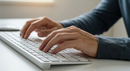 Typing on Keyboard Close-up Hands on Keys Desk
