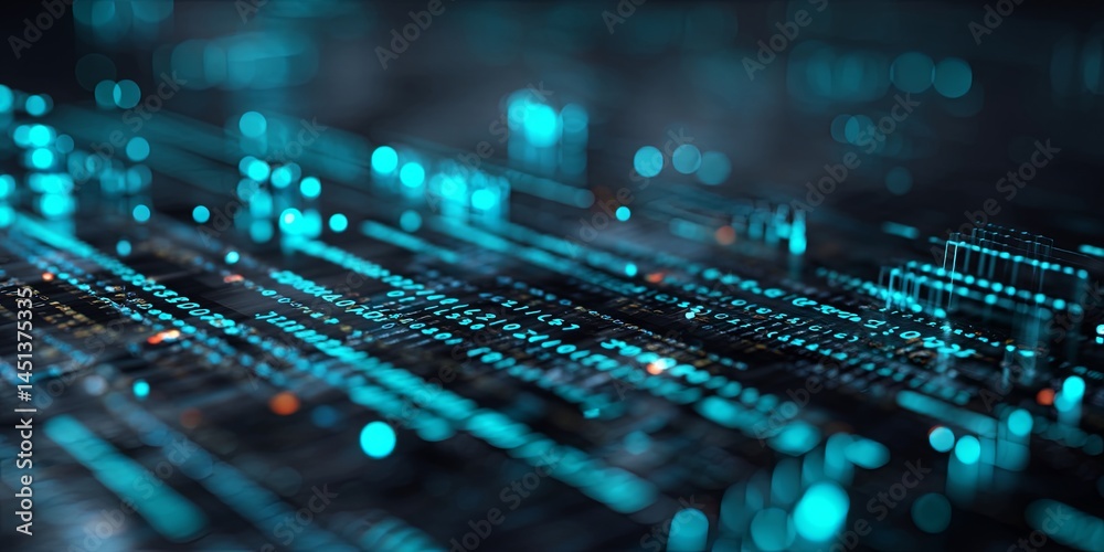 Poster Abstract Digital Background with Random Text in Blue and Teal Color Scheme for Technology and Programming Themes
