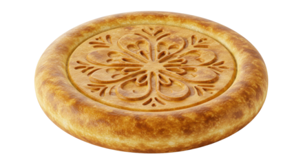 Round stamped flatbread with decorative floral pattern isolated on white