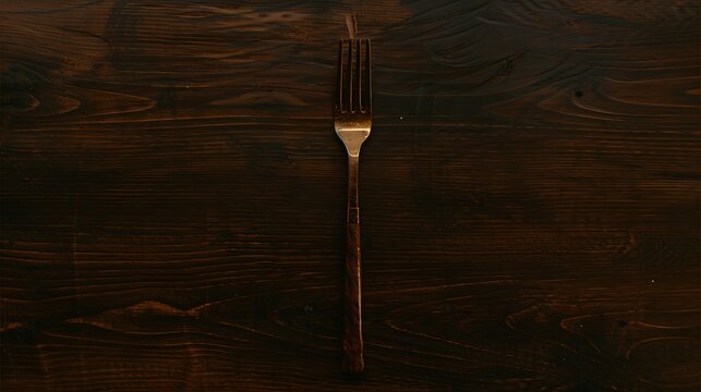 Vintage fork centerpiece on rustic wooden table, top-down culinary presentation