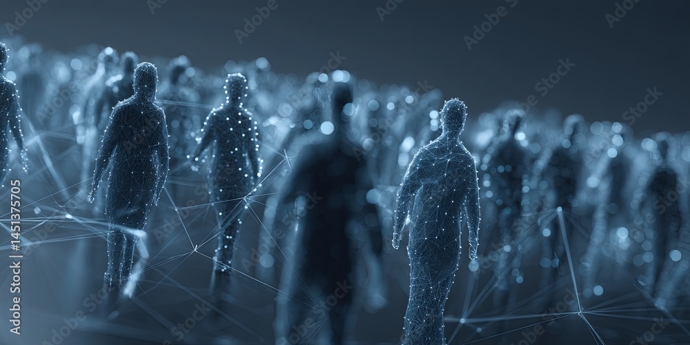 Aufkleber Network of Connected People Representing Social Media and Digital Communication in a Modern Blue Background with Iconography Illustrating Relationships and Interactions