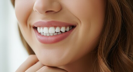 Fototapeta premium Smiling Woman Showing Healthy White Teeth in Dental Care Concept