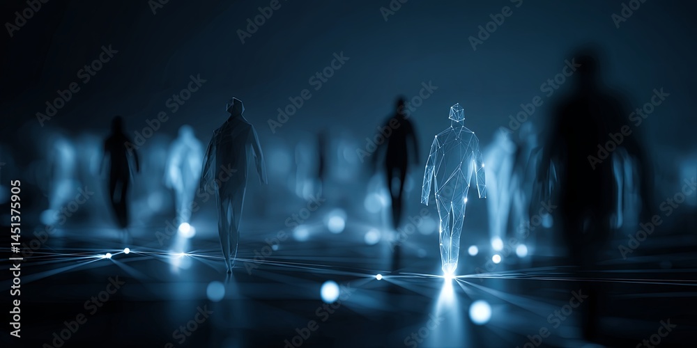 Poster Futuristic Network Connection with Abstract Human Silhouettes and Digital Lines Representing Communication and Interaction in Technology