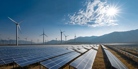 Renewable Energy Landscape with Solar Panels and Wind Turbines Under a Bright Blue Sky Reflecting a Sustainable Future and Clean Energy Solutions