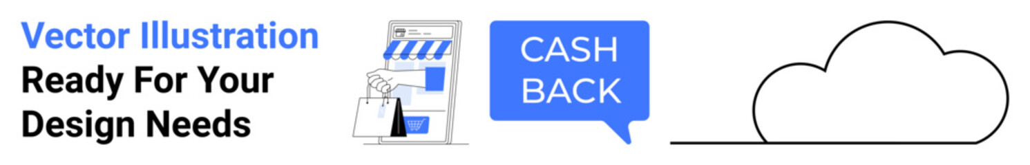 Storefront with awning, shopping bag, cashback speech bubble, and cloud accent. Ideal for e-commerce, sales campaigns, marketing, promotions, discounts cloud services flat landing page banner
