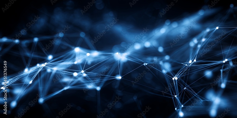 Poster Abstract blue digital connections background with glowing nodes and lines forming a network in a dark environment for technology and communication themes