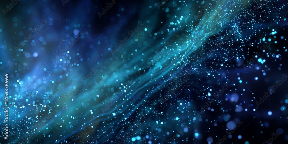 Poster Dynamic Abstract Background with Sparkling Particles in Blue and Aqua Color Shades Creating a Magical and Ethereal Digital Effect for Modern Designs