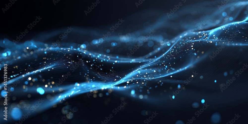 Fototapete Abstract Blue Digital Background with Glowing Particles and Wavy Lines Illuminating on Black Space for Technology and Science Themes