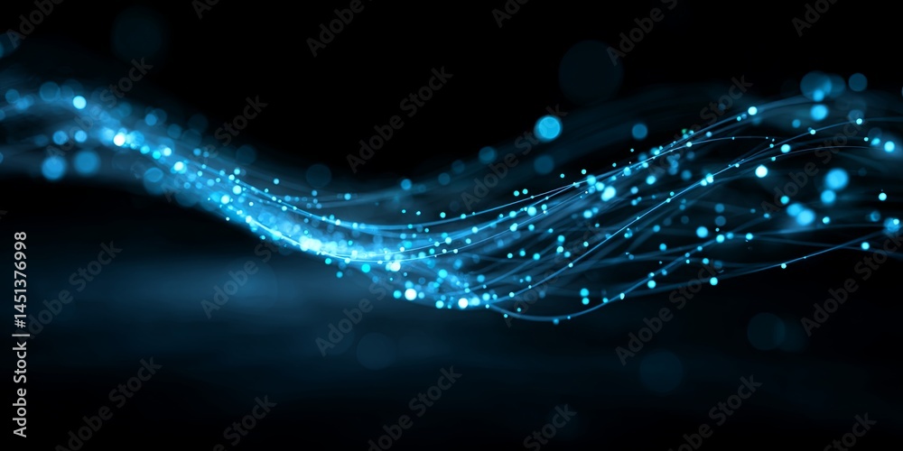 Poster Abstract Blue Digital Background with Glowing Particles and Wavy Lines Illuminating on Black Space for Technology and Science Themes