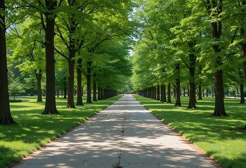 Obraz premium Walking Path Through Green Tree Lined Park on Sunny Day