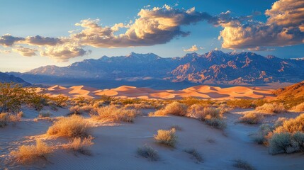 Fototapeta premium Vast desert landscape of sand dunes and mountains at sunset.