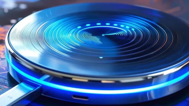 Futuristic Wireless Charger with Glowing Blue LED Light and USB C Cable Modern Technology Gadget