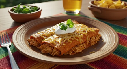 Delicious Chicken Enchiladas with Toppings on Rustic Plate
