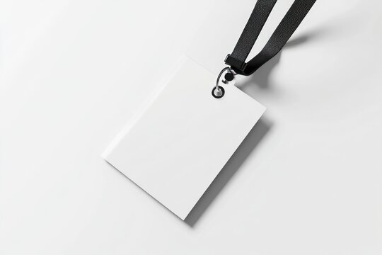 Blank white event name tag with black lanyard.