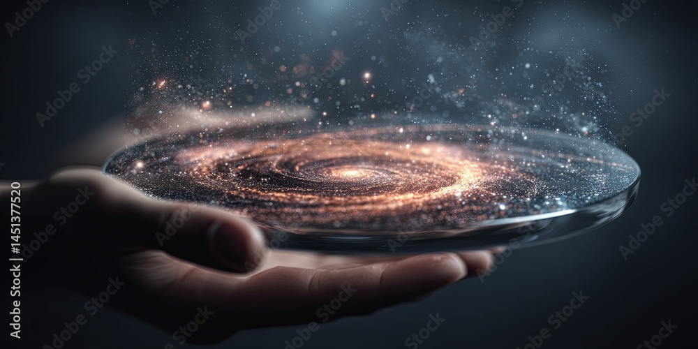 Aufkleber hand holding a futuristic tray with a cosmic design featuring stars and swirling colors representing