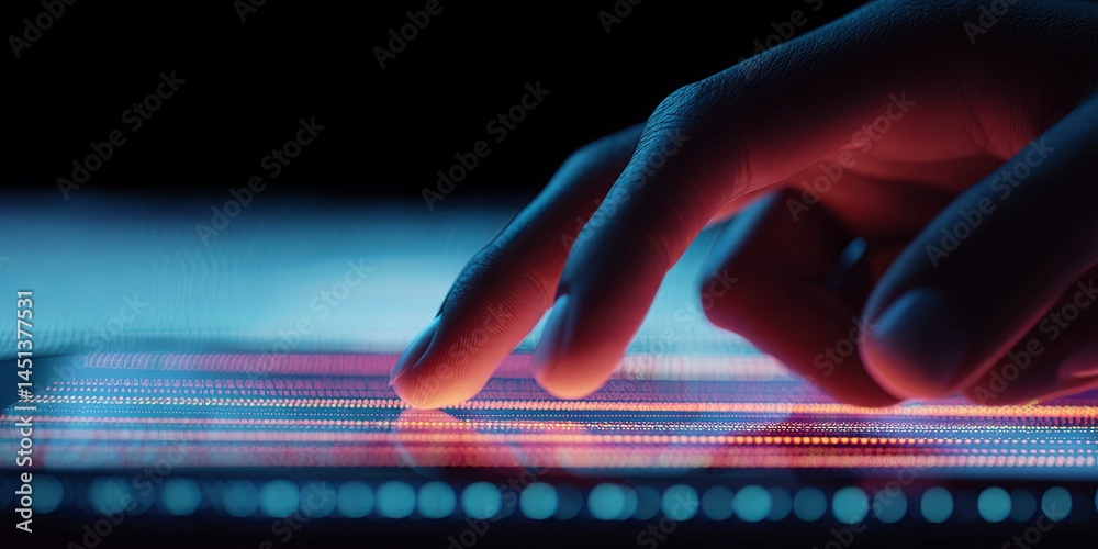 Aufkleber Close-Up of a Hand Tapping a Smartphone Screen in a Neon-lit Environment Emphasizing Modern Technology and Digital Interaction
